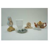 Vintage Milk Glass Diamond Star Pitcher (has chip); China Madonna; and Other Pieces