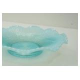 Antique Blue Opalescent Ribbed Spiral Ruffled Bowl