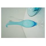 Vintage Empoli Glass Decanter; Hazel Atlas Capri Blue Salad Bowl; Crackle Glass Vase Blue Ombre