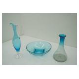 Vintage Empoli Glass Decanter; Hazel Atlas Capri Blue Salad Bowl; Crackle Glass Vase Blue Ombre