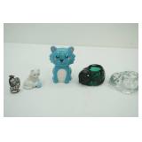 Kitty Collectibles: Clear & Green Sleeping Cat Glass Votives; Cat & Bird Candle Snuffer