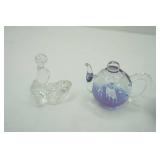 Black Ceramic Mini Wash Basin and Pitcher; Princess House Crystal Seal w/Ball; Vintage Carved White Quartz Mini Donkey; Vintage Glass Floating Teapot
