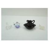 Black Ceramic Mini Wash Basin and Pitcher; Princess House Crystal Seal w/Ball; Vintage Carved White Quartz Mini Donkey; Vintage Glass Floating Teapot