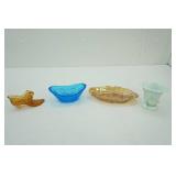 Vintage Fenton Amber Glass Shoe; Vintage Blue Pressed Glass Candy Dish; Vintage Amber Carnival Glass Relish Dish; Akro Agate Lily Vase