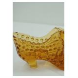 Vintage Fenton Amber Glass Shoe; Vintage Blue Pressed Glass Candy Dish; Vintage Amber Carnival Glass Relish Dish; Akro Agate Lily Vase
