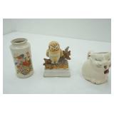 Vintage Artmark Japanese Vase; Owl Music Box Figurine; Cat Creamer Pitcher