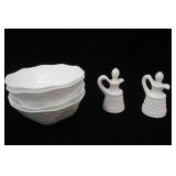 Vintage Milk Glass Bowls (4ct)  & Fenton Hobnail Glass Cruets with Stoppers (2ct)