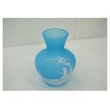 Vintage Westmoreland Blue Satin Vase; Hand-Painted Boy Fishing With Dog