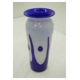 Hand-Blown Art Glass Vase Blue & White Swirl Pattern 10" tall by 5.5" wide
