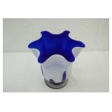 Vintage Cobalt Blue and White Art Glass Vase 9" tall by 8.5" wide