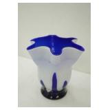 Vintage Cobalt Blue and White Art Glass Vase 9" tall by 8.5" wide