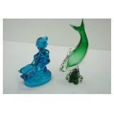 Blue Glass Girl with Geese; Green & Clear Glass Dolphin