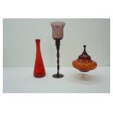Vintage Empoli Glass Circus Tent Candy Dish; Viking Glass Epic Red Amberina Vase; Amethyst Glass