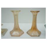 Vintage Jeanette Glass Marigold Carnival Glass Candlestick Holders; #912 Calif. Original Candlestick Holders