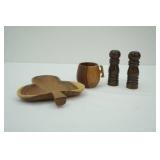 Vintage Wooden 3-Leaf Clover Bowl, Tea Cup; Salt & Pepper Shakers