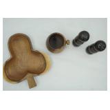 Vintage Wooden 3-Leaf Clover Bowl, Tea Cup; Salt & Pepper Shakers