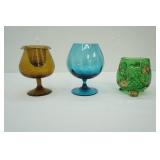 Antique Riverside Croesus Green Footed Gold Open Sugar Bowl; Vintage Aqua Blue Optic Glass Snifter