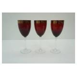 Set of 3 Vintage Ruby Red Crystal Goblets w/Gold Trim