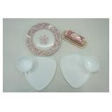 Vintage Furnival #19 Floral Pottery Plate; Milk Glass Luncheon Plates; Masons Red Transferware Butter Dish