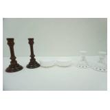 Vintage Milk Glass Candlestick Holders; Vintage Wooden Candle Stick Holders