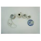 Vintage China Creamers, Sugars, Small Pitcher, Blue Transferware Tea Cup and Saucer