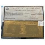 $100,000 Dollar 22K Gold Leaf Tribute Certificate