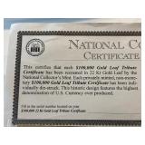 $100,000 Dollar 22K Gold Leaf Tribute Certificate