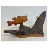 Signed Wood Fish Figure Mounted on Driftwood