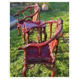 Exceptional Chinese Carved Burled Wood Set of 2 "Antler" Armchairs & Matching Table
