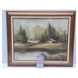 Vintage Framed Signed Oil on Canvas Landscape Painting w/Cabin on Lake - Signed J. Mills