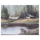 Vintage Framed Signed Oil on Canvas Landscape Painting w/Cabin on Lake - Signed J. Mills