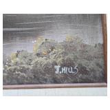 Vintage Framed Signed Oil on Canvas Landscape Painting w/Cabin on Lake - Signed J. Mills