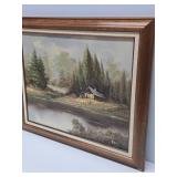 Vintage Framed Signed Oil on Canvas Landscape Painting w/Cabin on Lake - Signed J. Mills