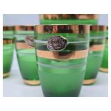 Excellent Vintage Mid Century Green Bohemian Crystal Decanter Set w/Glasses & Carnival Glass Bowl