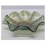 Excellent Vintage Mid Century Green Bohemian Crystal Decanter Set w/Glasses & Carnival Glass Bowl