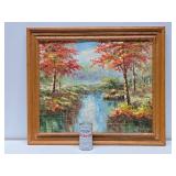 Framed Signed Vintage Oil on Canvas Landscape Forest Stream Painting