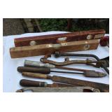 Vintage Hand Tools Lot – Includes Hand Drills, Levels, Files, and Copper-Tipped Soldering Iron