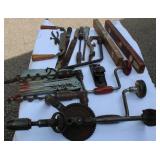 Vintage Hand Tools Lot – Includes Hand Drills, Levels, Files, and Copper-Tipped Soldering Iron