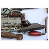 Vintage Hand Tools Lot – Includes Hand Drills, Levels, Files, and Copper-Tipped Soldering Iron