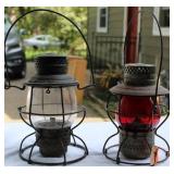 2 Kerosene Lanterns Lamps NYCS Handlan St. Louis Red Glass ADLAKE