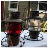 2 Kerosene Lanterns Lamps NYCS Handlan St. Louis Red Glass ADLAKE