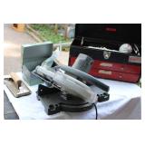 Tool box, Sears compound mitre 8 1/4 saw 1 1/2 horse, chalk line & Sander