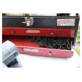 Tool box, Sears compound mitre 8 1/4 saw 1 1/2 horse, chalk line & Sander