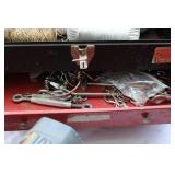 Tool box, Sears compound mitre 8 1/4 saw 1 1/2 horse, chalk line & Sander