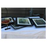Collection of Framed Outdoor Hunting Prints Bird Statue and Signboard