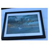 Collection of Framed Outdoor Hunting Prints Bird Statue and Signboard