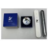 Swarovski Crystal Round Ball  Paperweight With SCS And Swan 1 1/2"  And Swarvoski Collectors Pen (Both NIP)