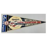 Vintage 1987 Minnesota Twins 12" x 30" Western Division Champions Pennant, Bumper Sticker And Button