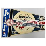 Vintage 1987 Minnesota Twins 12" x 30" Western Division Champions Pennant, Bumper Sticker And Button