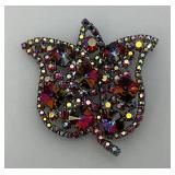 Vintage Rose Bud Brooch With Colored Rhinestones 2" x 2"